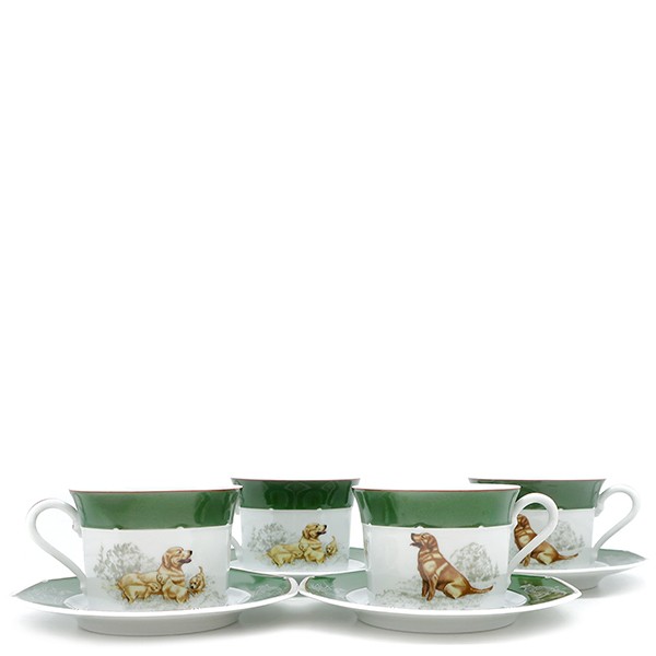 Hermes Tableware Chasse Green Labrador Retriever Morning Cup & Saucer Set of 4