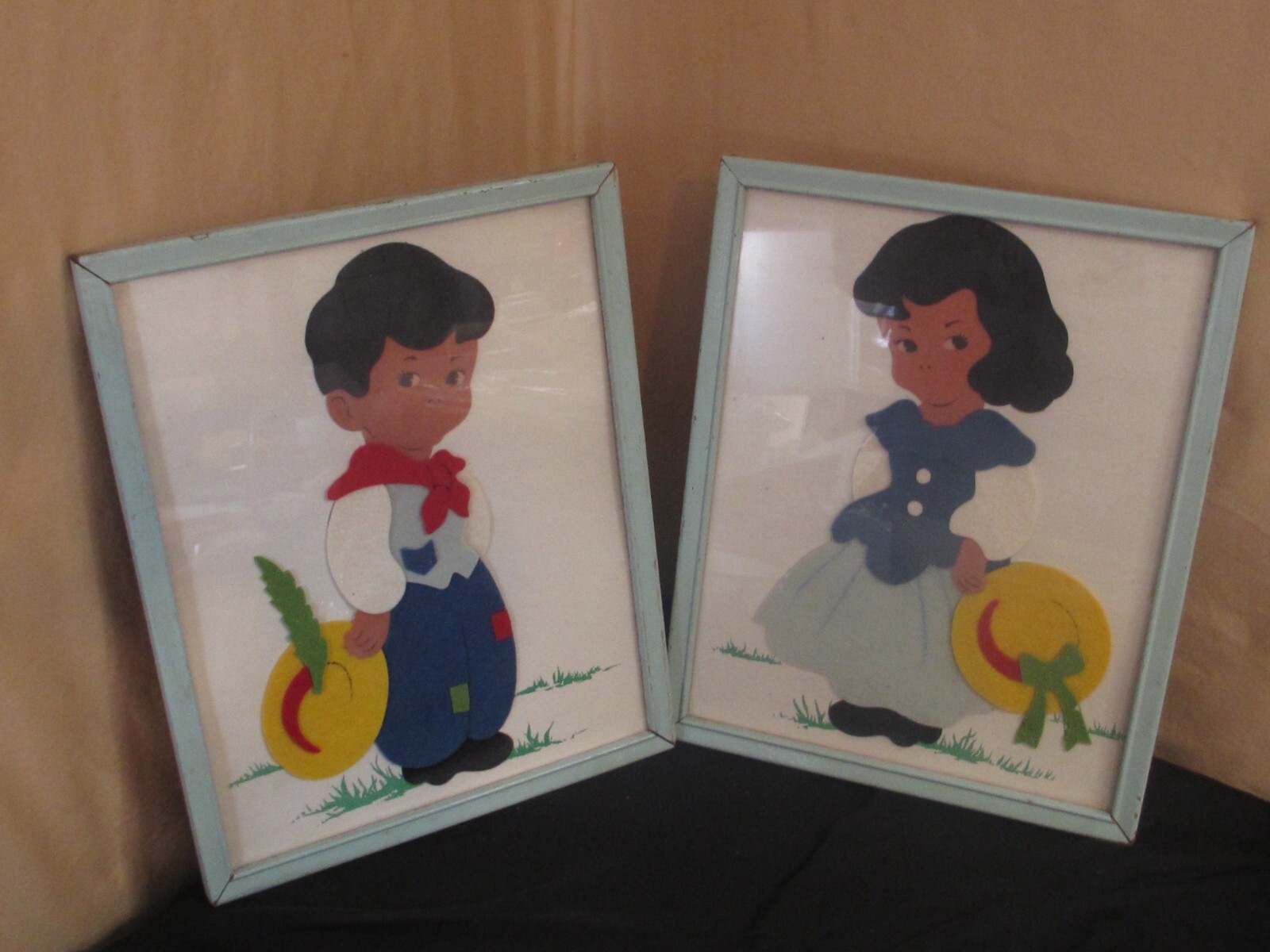 Vintage FELT CUT-OUT Child's Art Print Pictures Framed 10 1/2"x8 3/4"