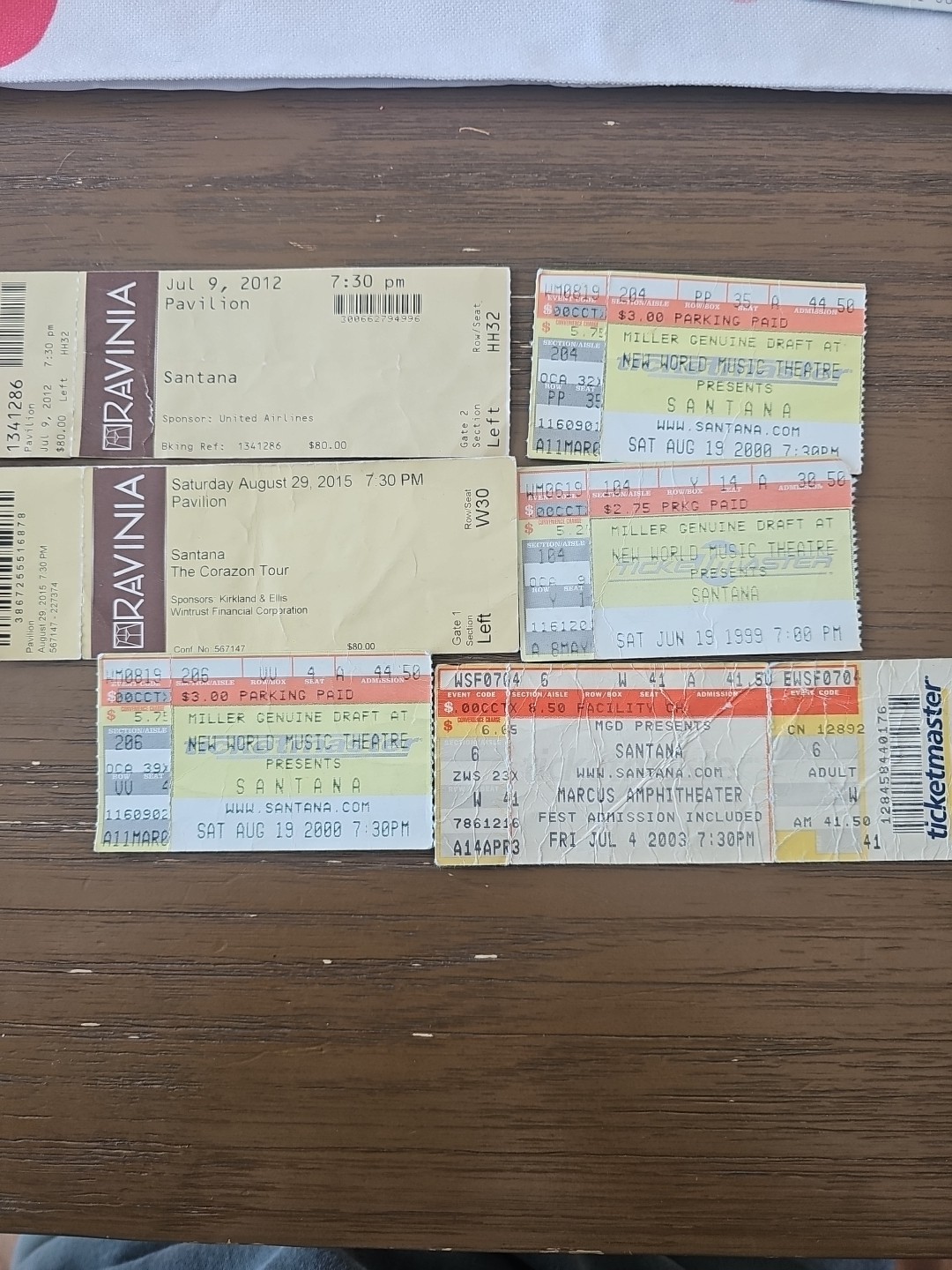 1999 2000 2003 2012 2015 Santana Concert Tickets Lot Of 6