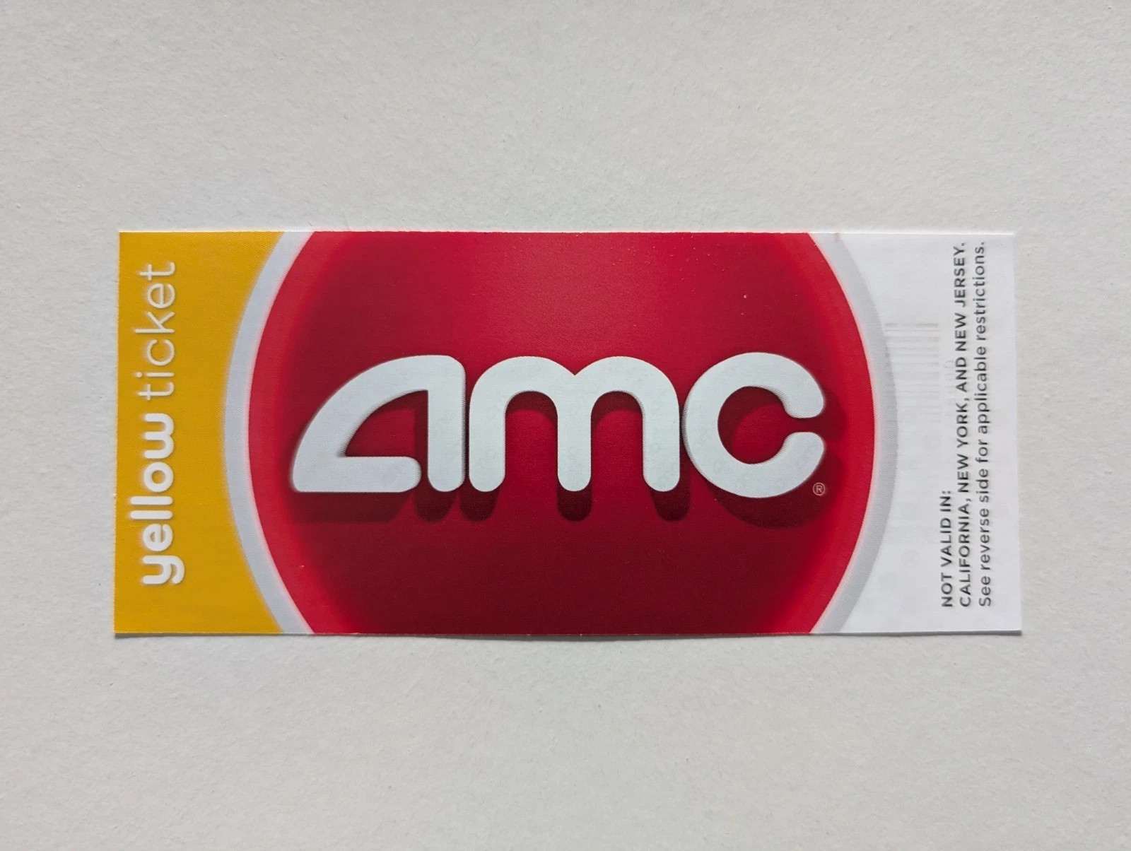2 AMC Yellow Movie Ticket - Not Valid in: CALIFORNIA, NEW YORK and NEW JERSEY