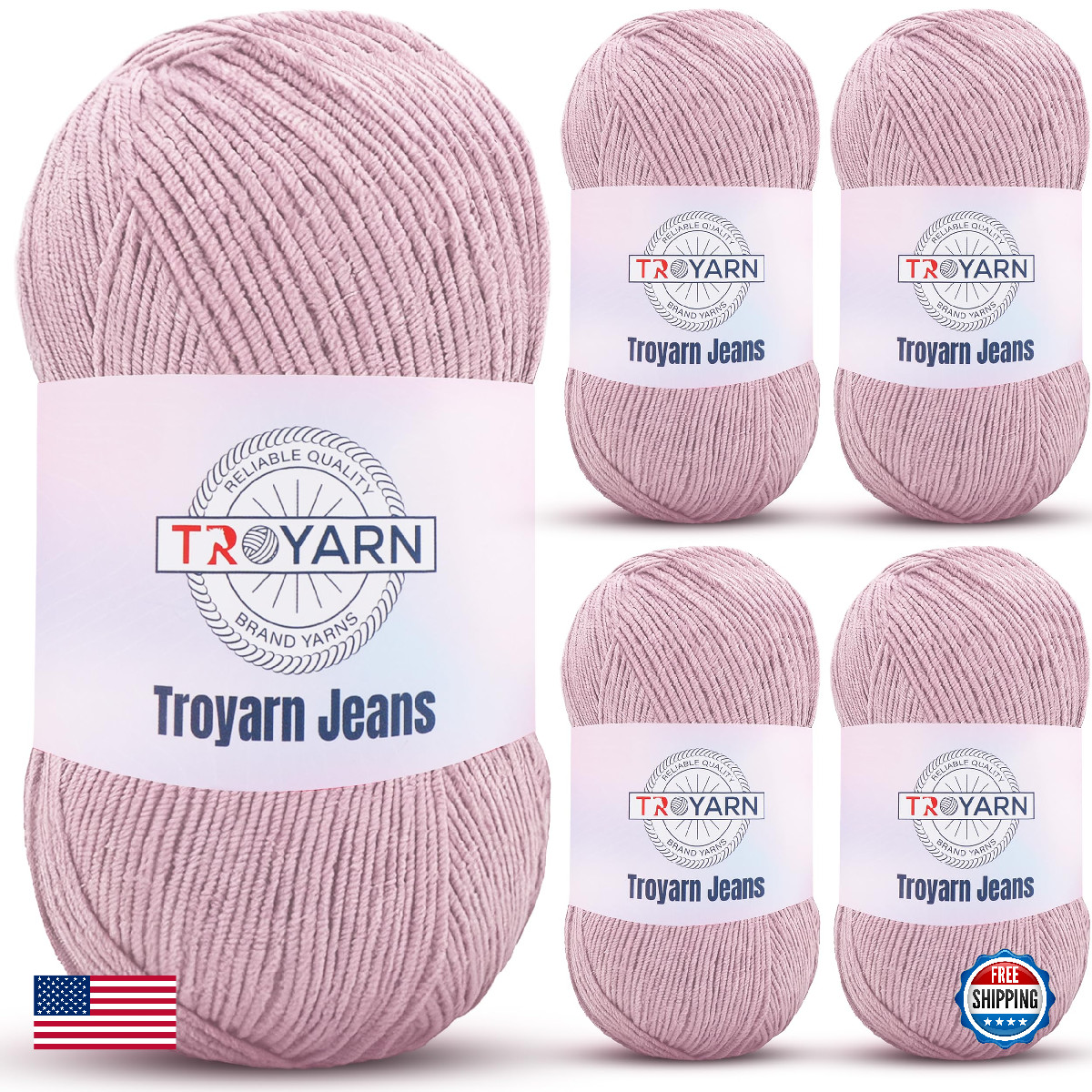 TROYARN Crochet Yarn 60% Cotton 40% Acrylic 5 Skeins Light Pink Fine/Sport