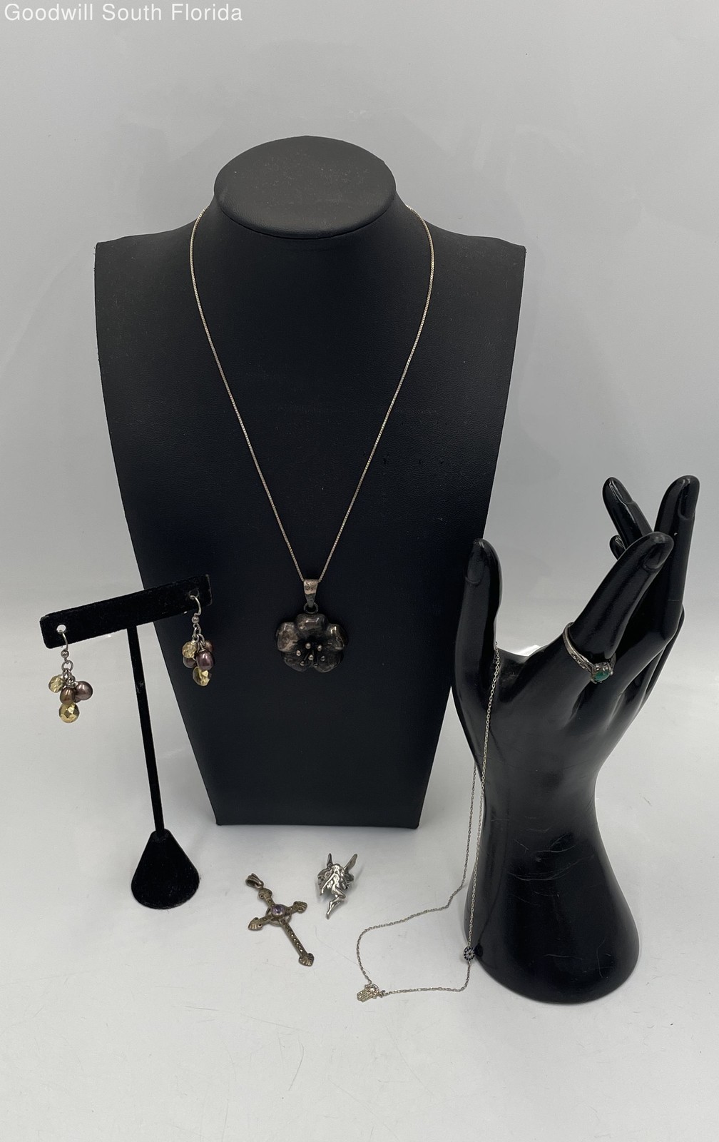 Silver Stamped/Unstamped Chains-Pendants-Earrings-Ring (6 Pcs) Weight 30.3g