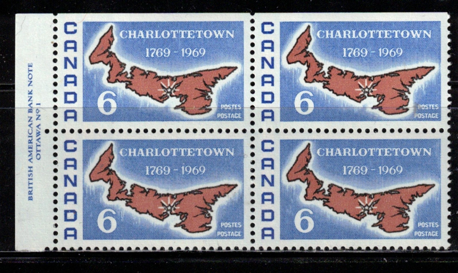 CANADA - SCOTT 499 - VFNH - UL PLATE BLOCK - CHARLOTTETOWN BICENTENNIAL - 1969