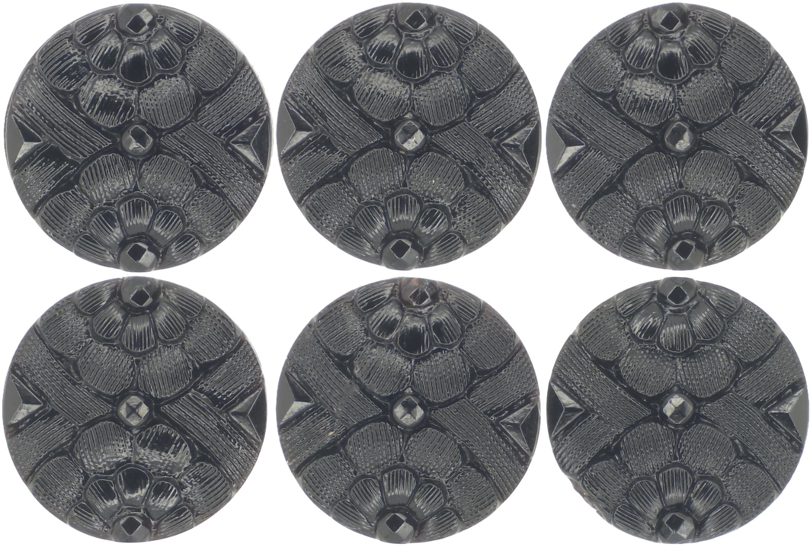 C1890s Antique Victorian Black Glass Floral Geometric Daisy Flower Button LOT 6