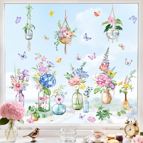  Potted Flower Window Clings Spring Summer Floral Vase Colorful-flower Vase