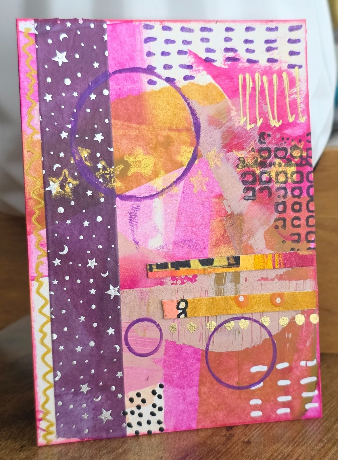 Original Handmade ACEO Mixed Media Art Card OOAK Pink Purple Galaxy Stars