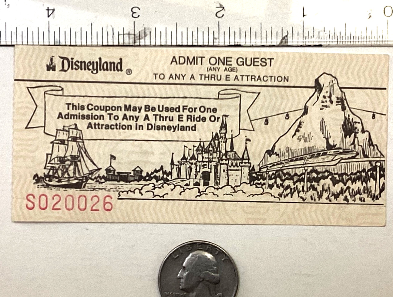 Unused Disneyland “any A thru E Attraction”ticket from a Ticket Book late 1970’s