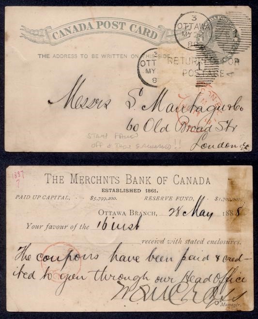 1888 1c QV PC w/STAMP FALLEN FOR POST RETURNED