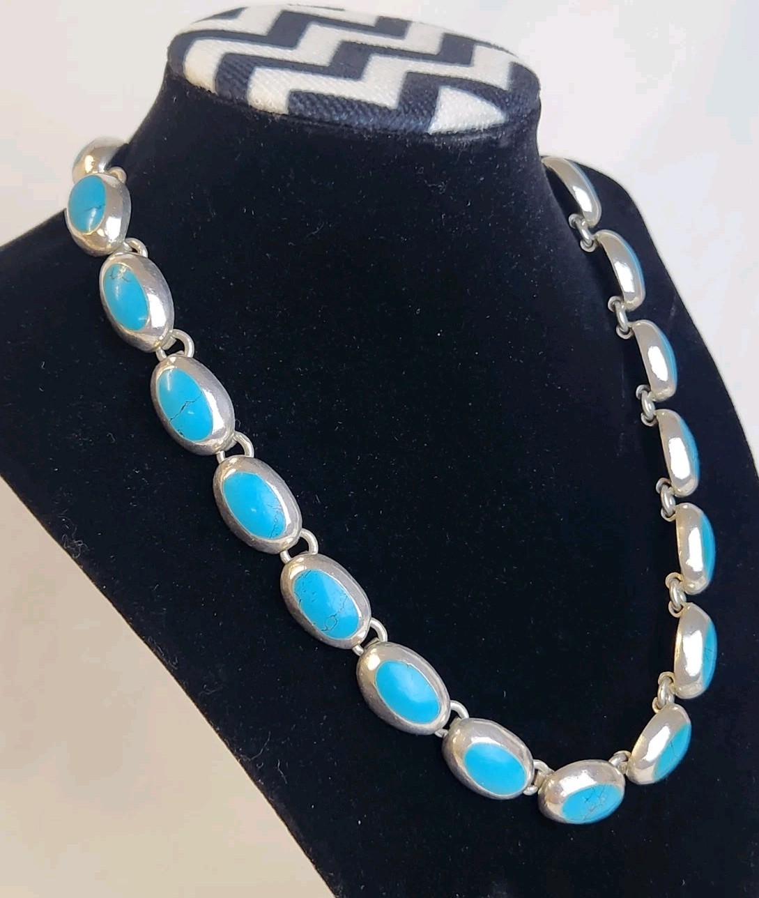 Signed 925 Mexico Sterling Silver Turquoise Link Necklace Taxco 80.7 Grams!