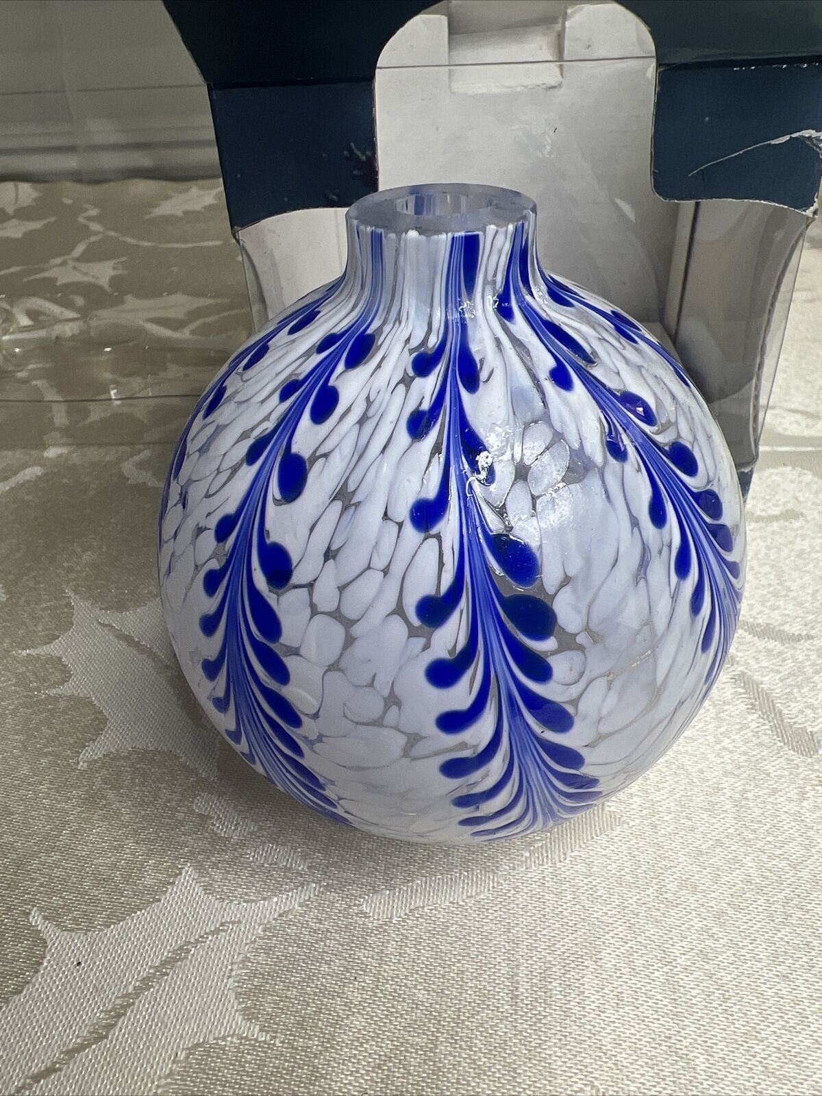 Glass Oil Lamp Vintage Traditions Art Blue & White Swirl Hand Blown New In BoxT1