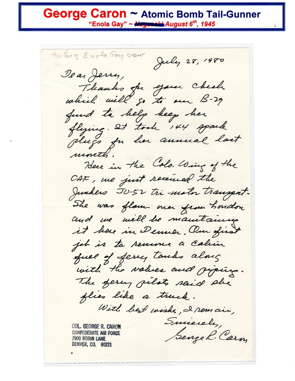 WWII ATOMIC BOMB MISSIONS: George Caron (Tail-Gunner) - Beautiful ALS re: B-29