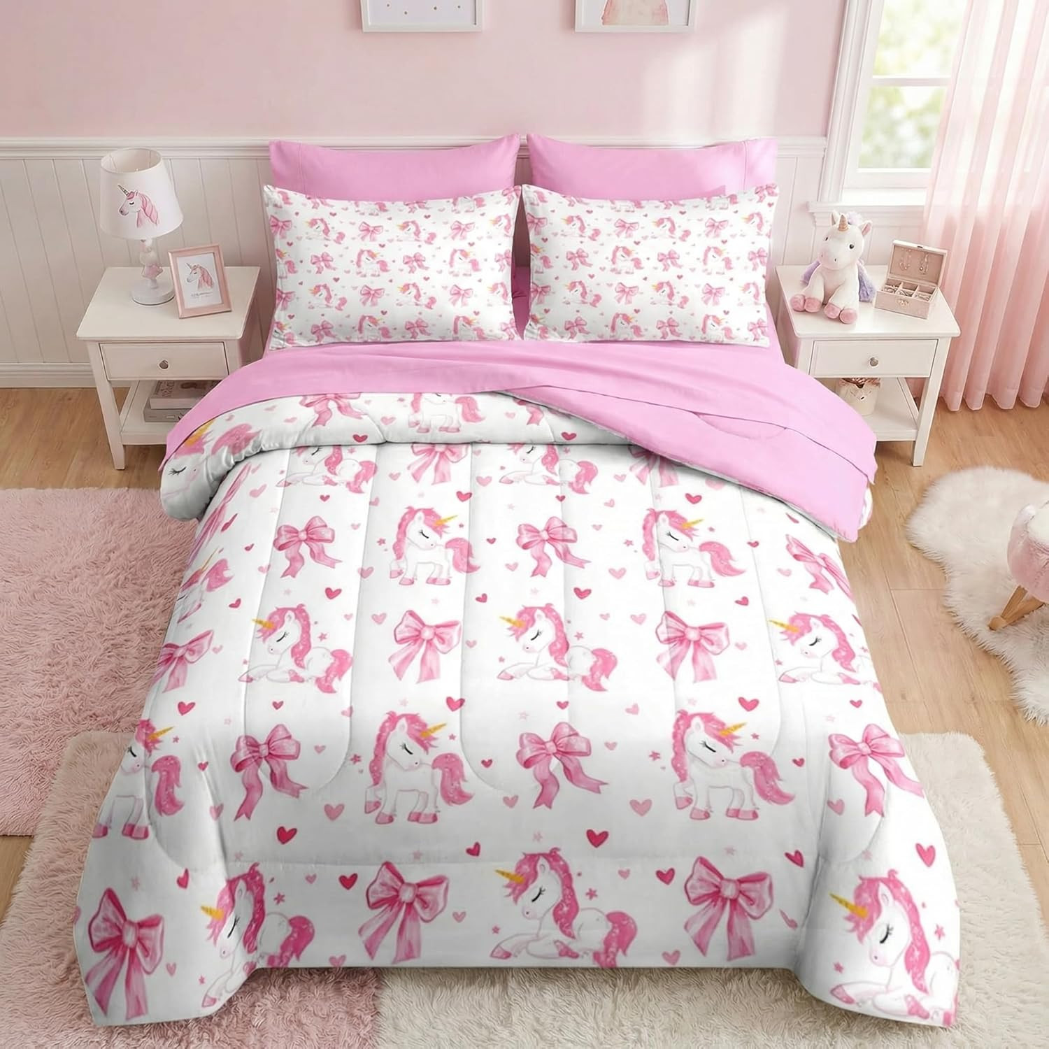 Bow Comforter Set Queen Size, 7 Pieces Bed in a Bag, Pink Bow Bedding Set for Gi