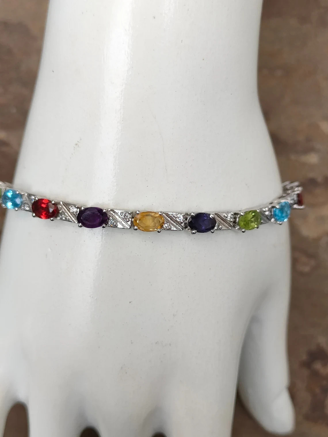 Solid 925 Silver Multi Gemstone Bracelet Handmade Amethyst Garnet PeridotJewelry