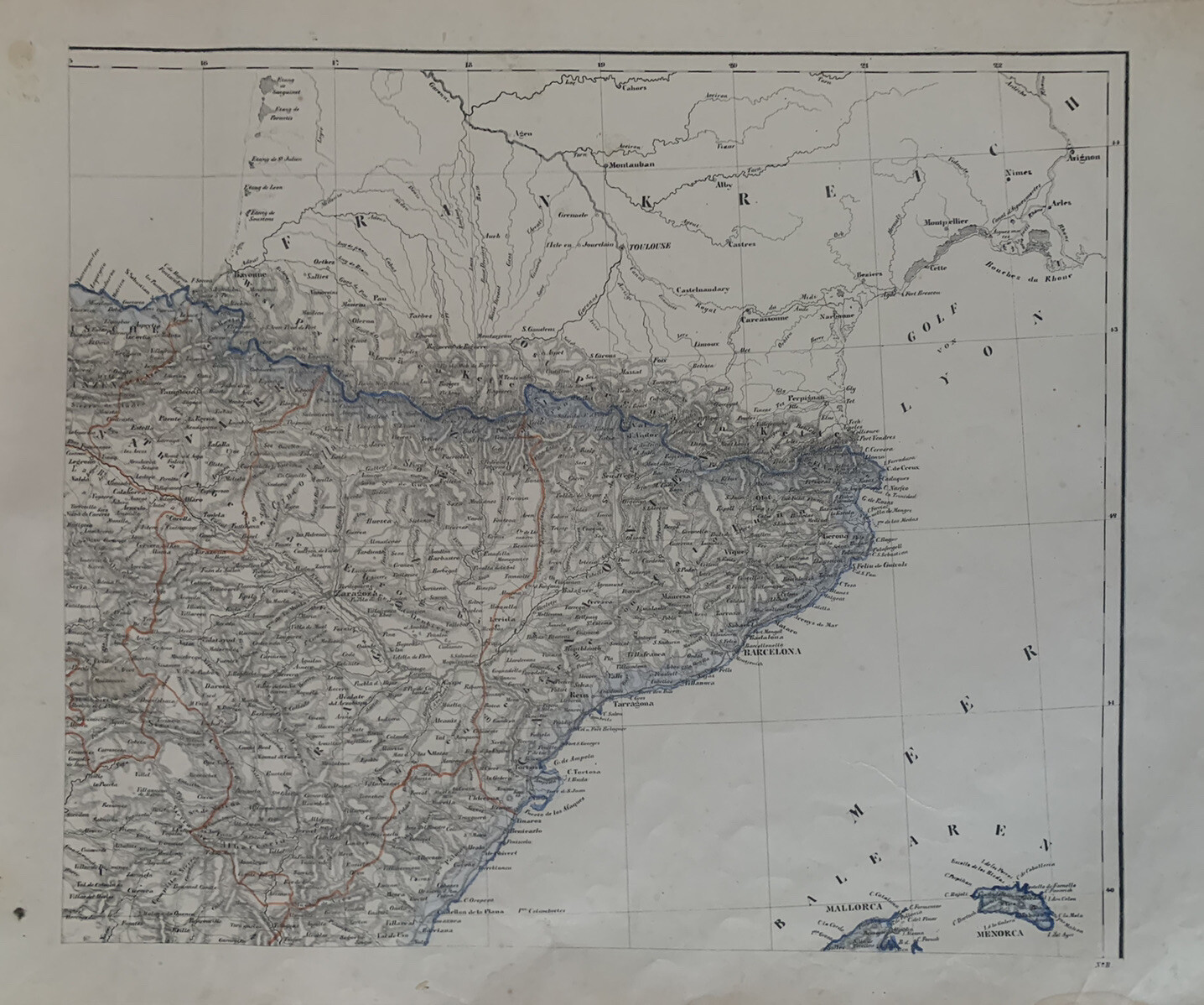 1854 Northeast Spain Original Antique Map by Carl Flemming