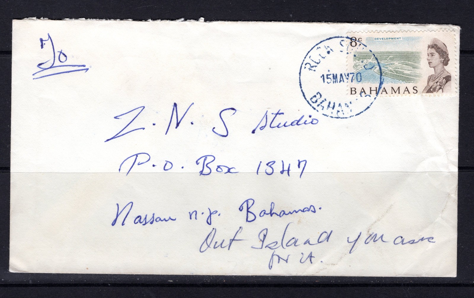 Bahamas 1970 Rock Sound cds IN BLUE 8c air mail commercial cover to Nassau