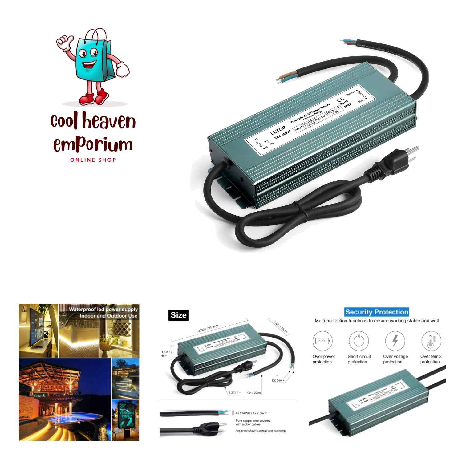 LED Driver 400 Watts 110V/120V AC to 24V DC 16.6A Power Supply Waterproof Low...