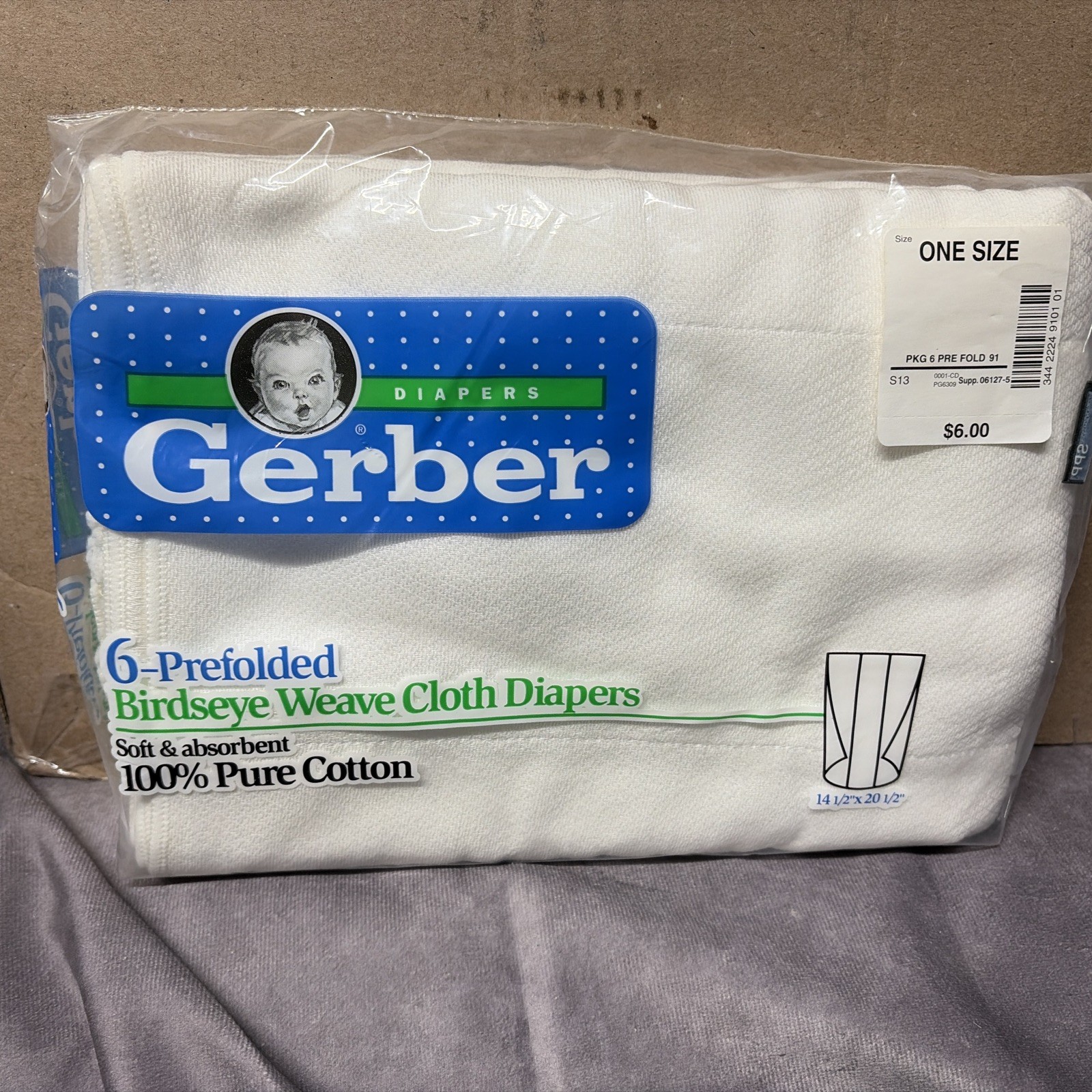 VTG Gerber Baby Diapers 6 Prefolded Birdseye Weave Cloth 100% Cotton NEW SEALED
