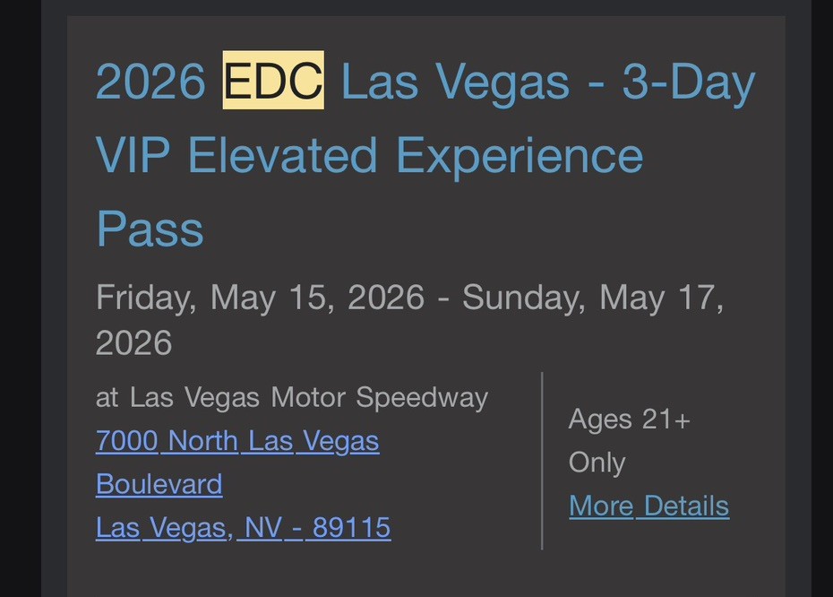 2026 EDC Las Vegas - 3-Day VIP Elevated by Experience Pass -Will ship on arrival
