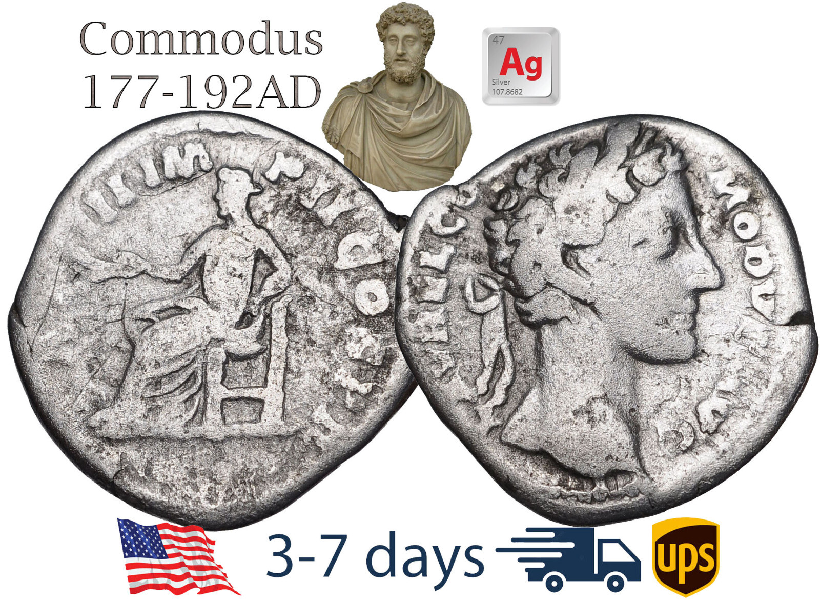 Ancient Roman Empire Coin Silver Denarius COMMODUS 177 - 192 AD Authentic #21179