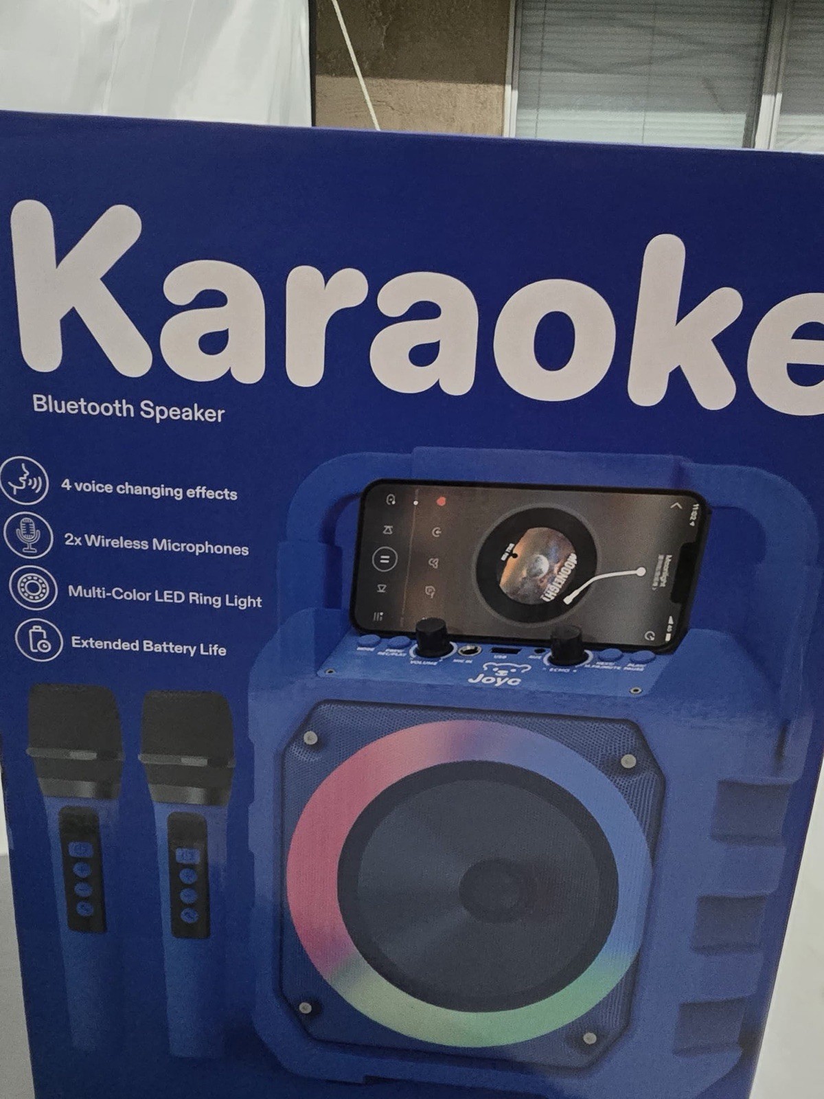 Joyc Bluetooth Karaoke System, 2 Wireless Microphones, LED Light, Blue