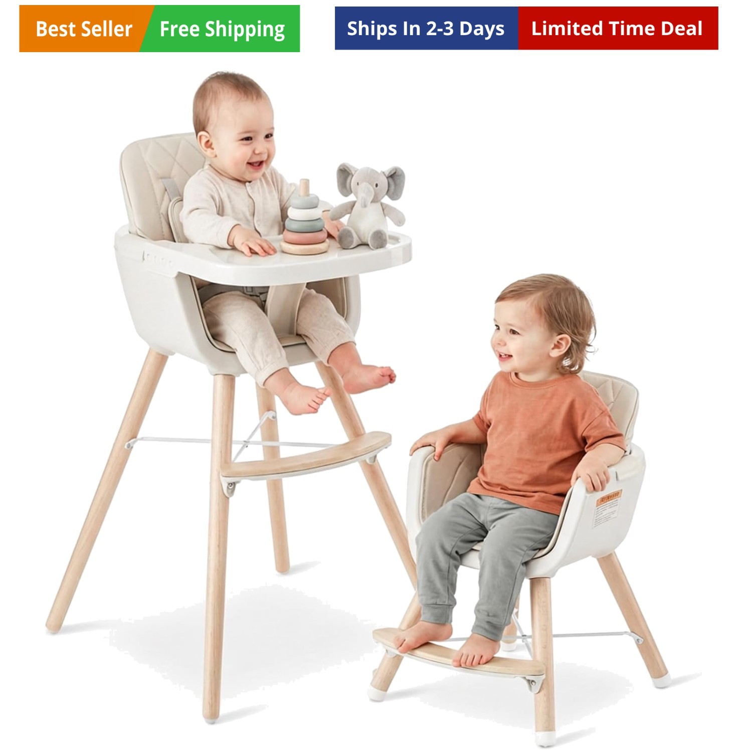 3-in-1 Wooden High Chair, Convertible High Chairs for Babies and Toddlers, Ba...