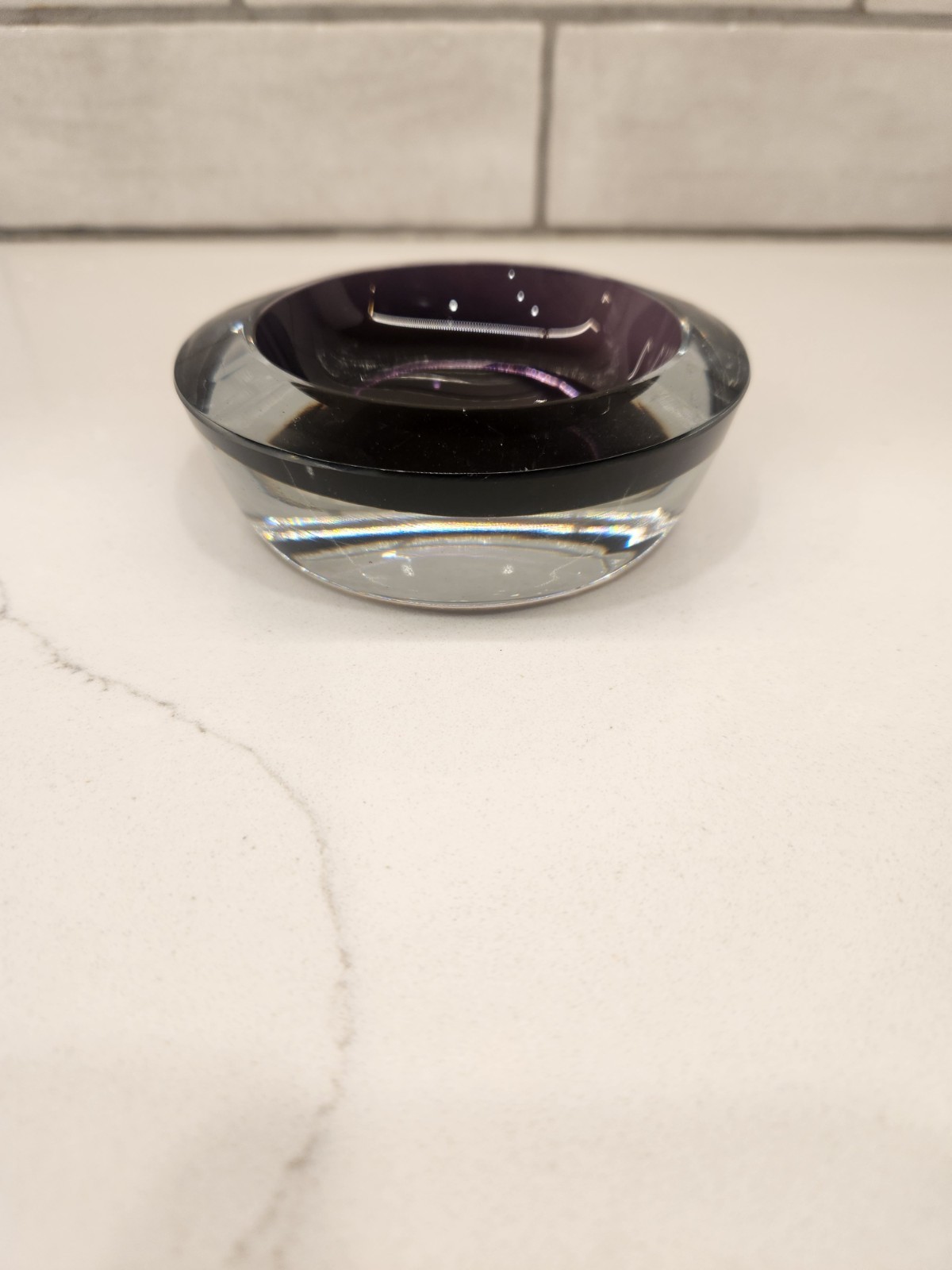 Vintage Stromberg 1995 Signed Dated Round Glass Trinket Dish Bowl Clear & Purple