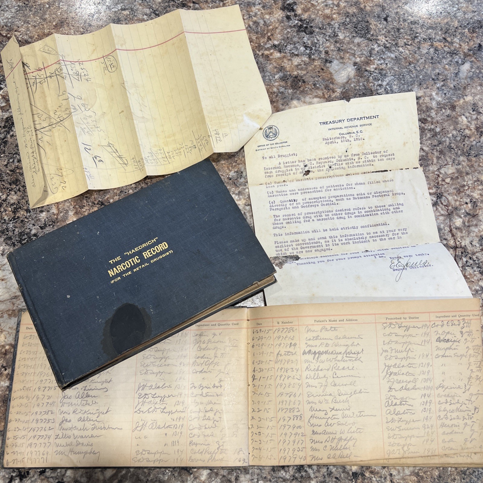 1915–1918 Narcotic Ledger Archive + 1918 IRS Letter Harrison Act WWI Ephemera