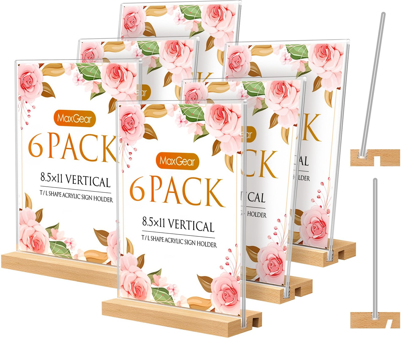 MaxGear 6-Pack Acrylic Sign Holder, 8.5x11" w/ Wooden Base - L/T Shape Display S