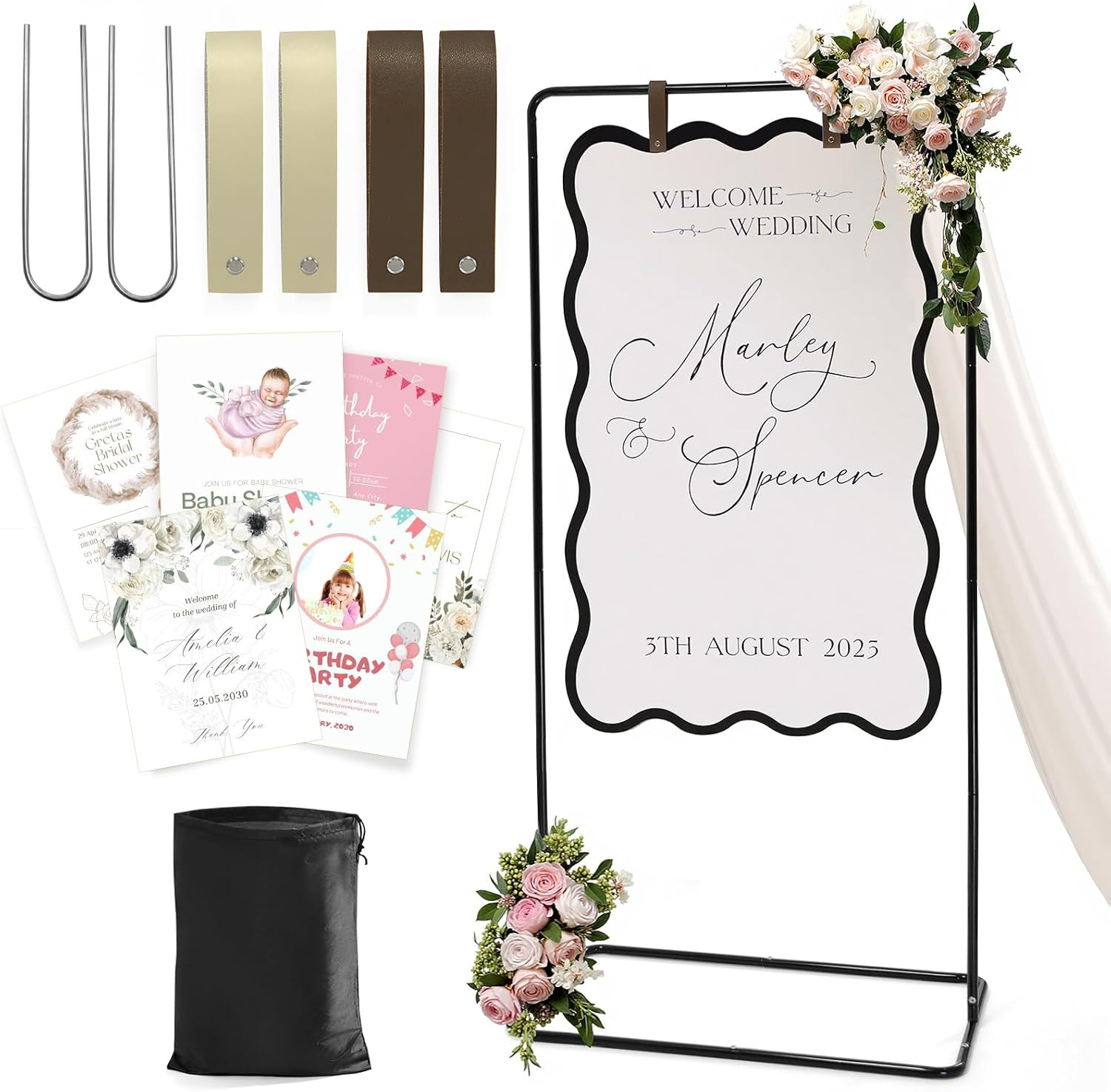 Elegant Wedding Welcome Sign Stand with Easel, Stakes, and Hanging Straps
