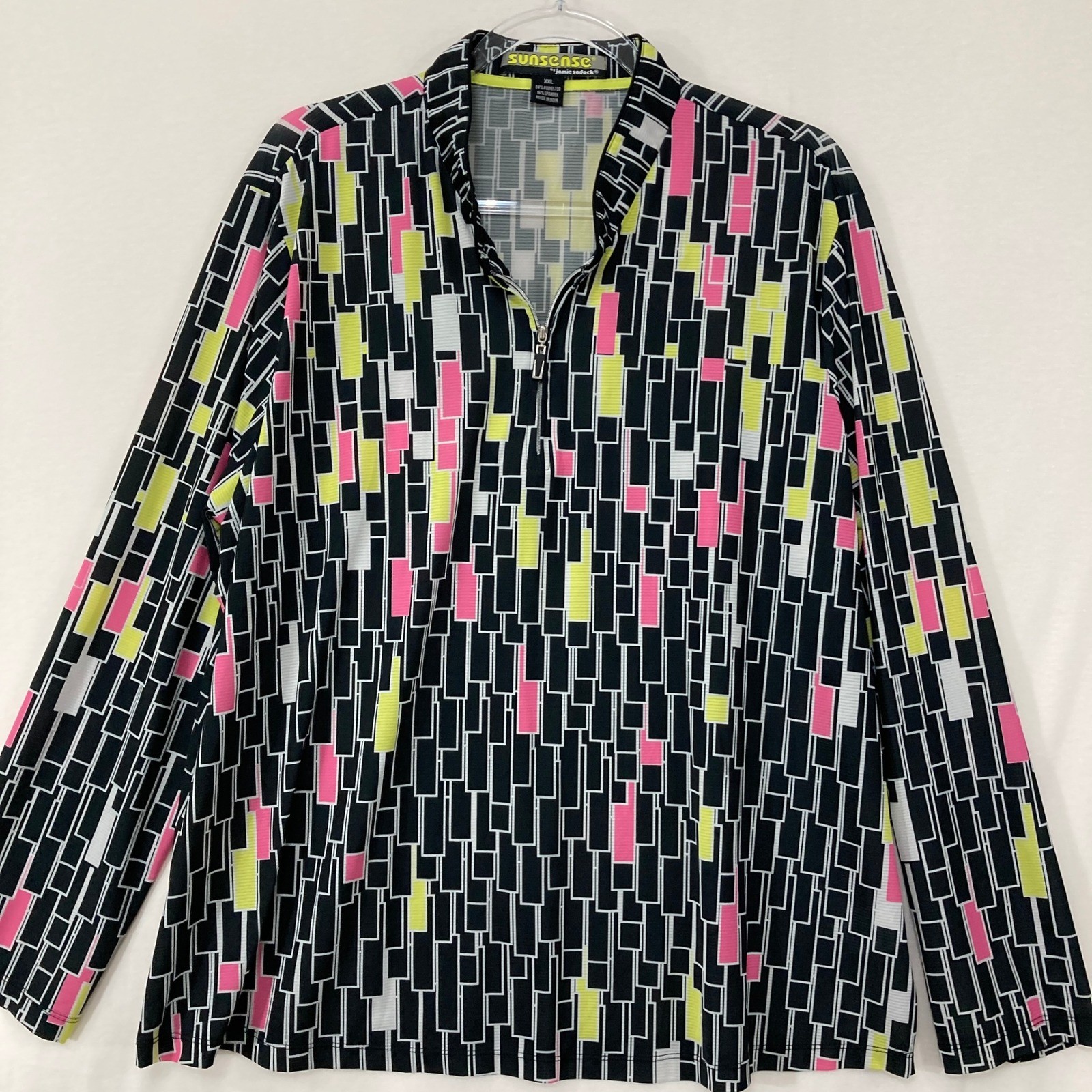 Jamie Sadock SunSense Top XXL Black Pink Yellow Geometric 1/4 Zip Pullover Golf