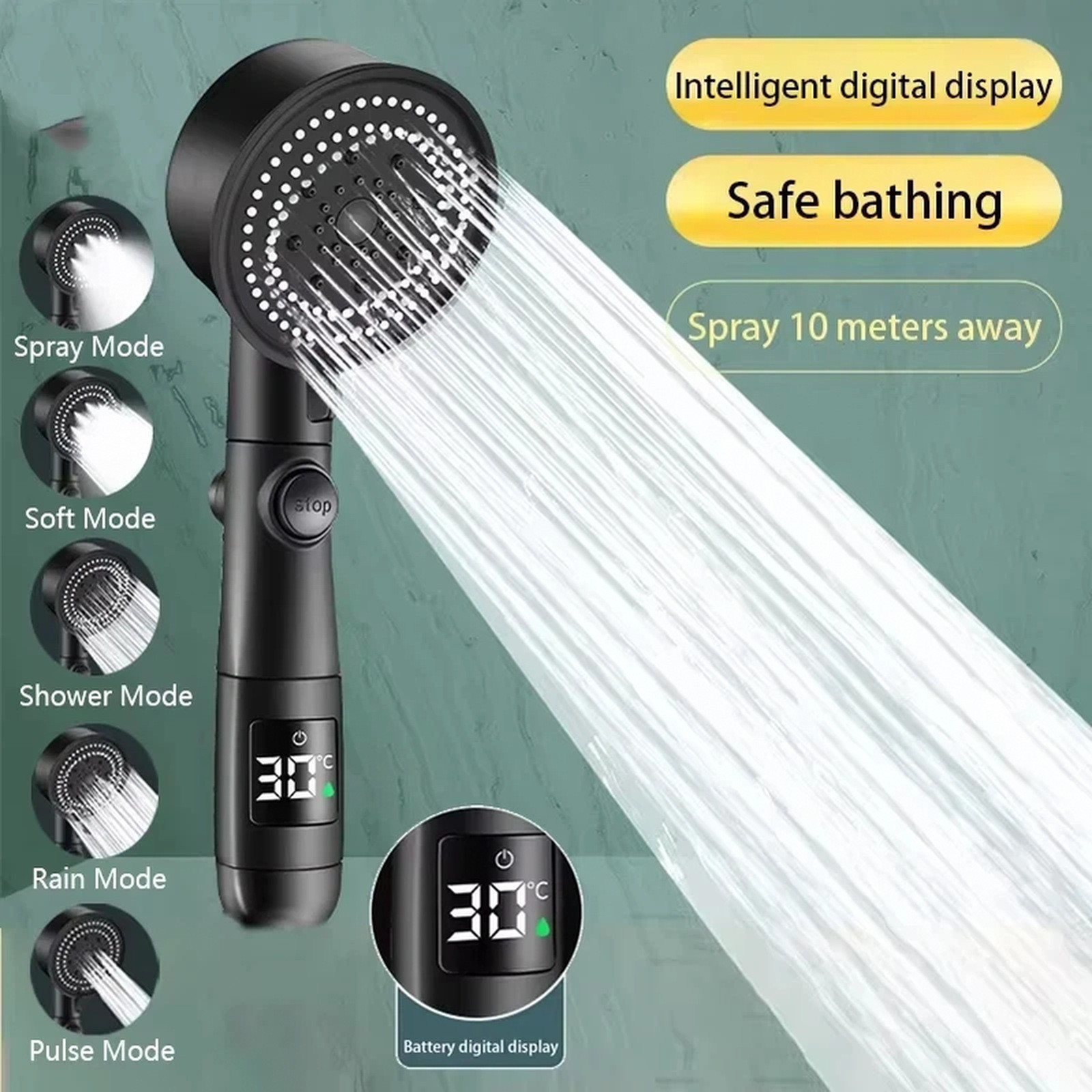 Digital Display Turbo High Pressure Shower Head Set With 5-Mode 59.06 in Hose