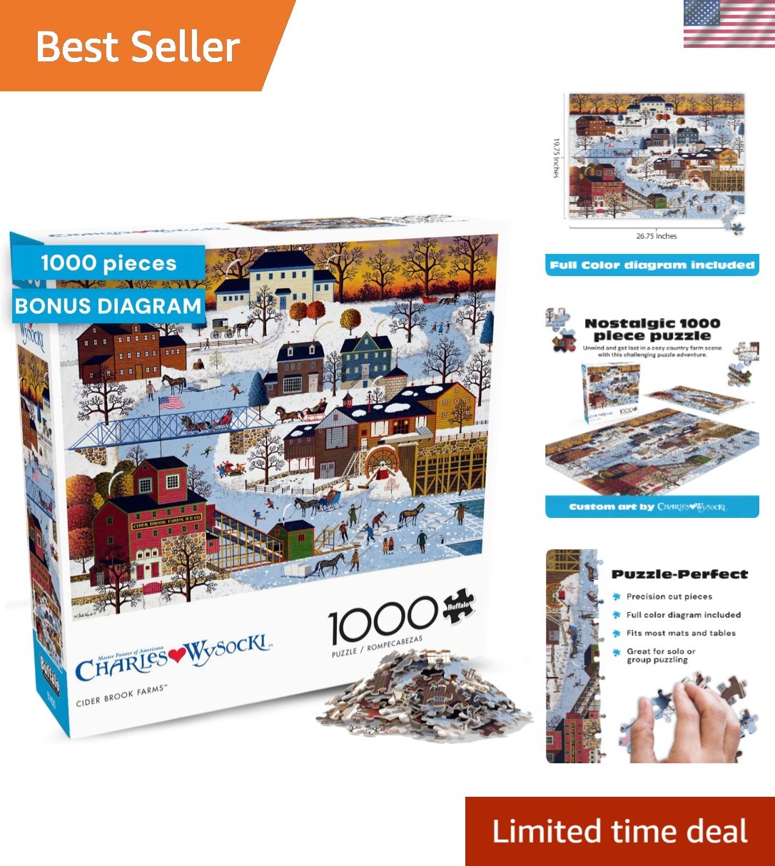 Festive Winter Scene 1000 Piece Jigsaw Puzzle by Charles Wysocki - Made in USA