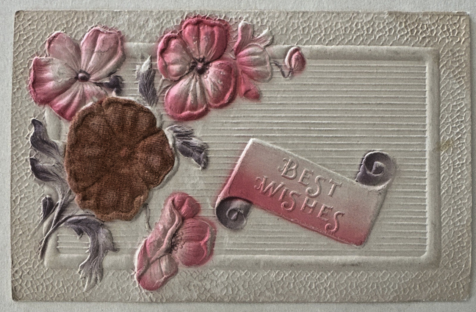 ANTIQUE  AIRBRUSHED EMBOSSED BEST WISHES FLORAL POSTCARD