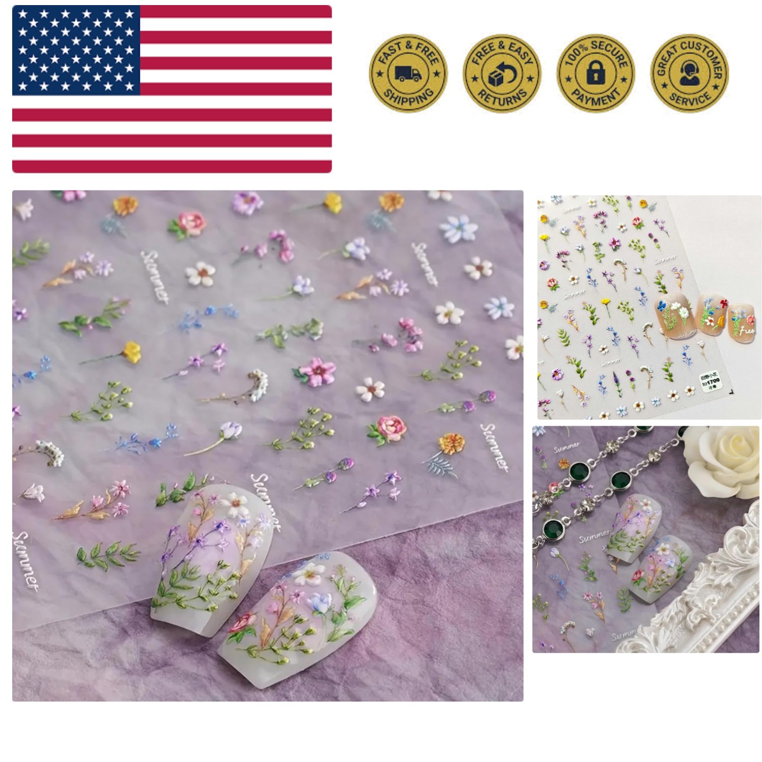 5D Embossed Flower Nail Stickers for Nail Art - Flower Nail Art Stickers Spri...