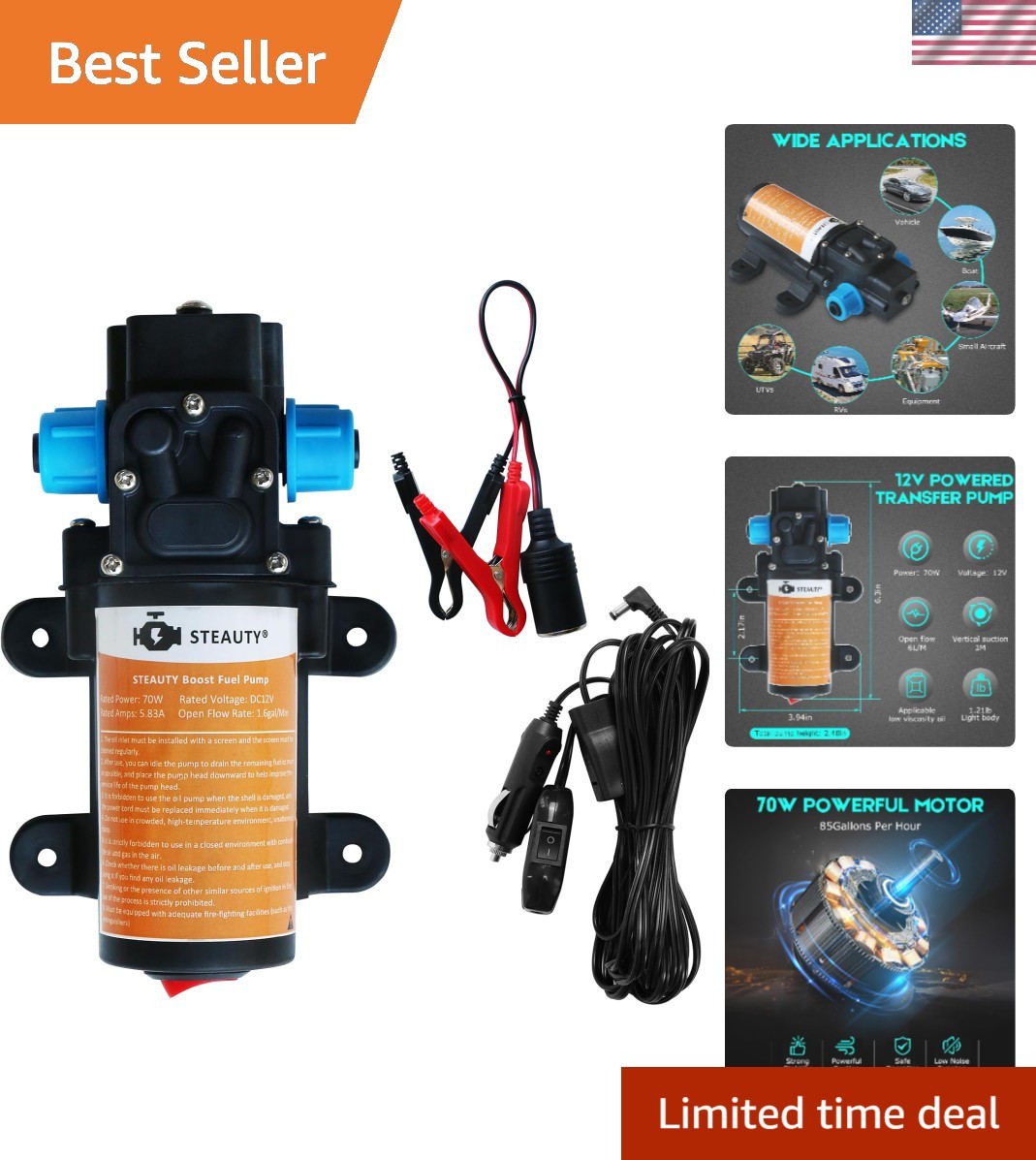 Universal 12V Fuel Transfer Pump for Cars and Boats - Delivers 85 Gallons/Hour