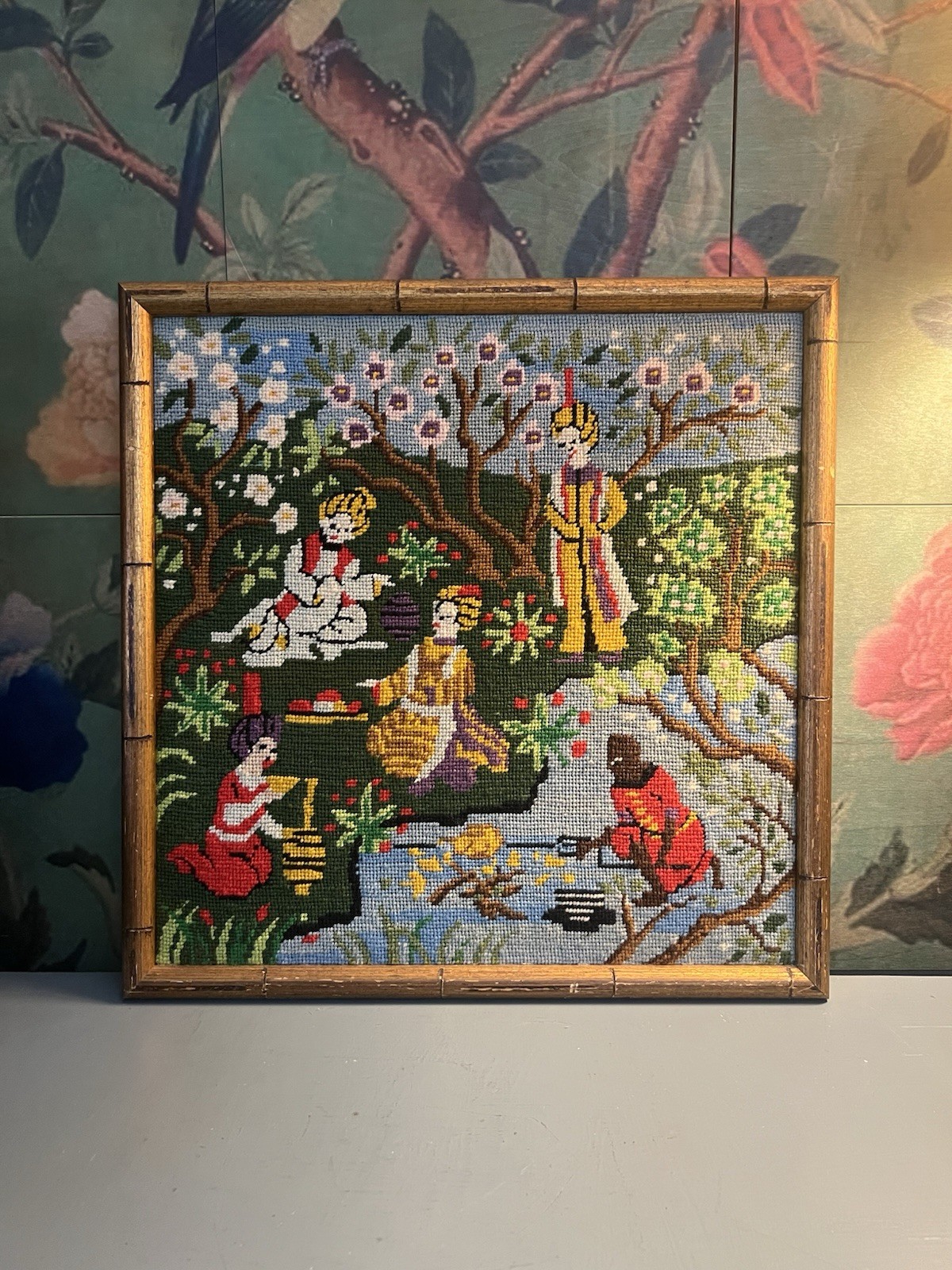 Vintage 60's India Village scene handmade Needlepoint Multi-color Framed Panel