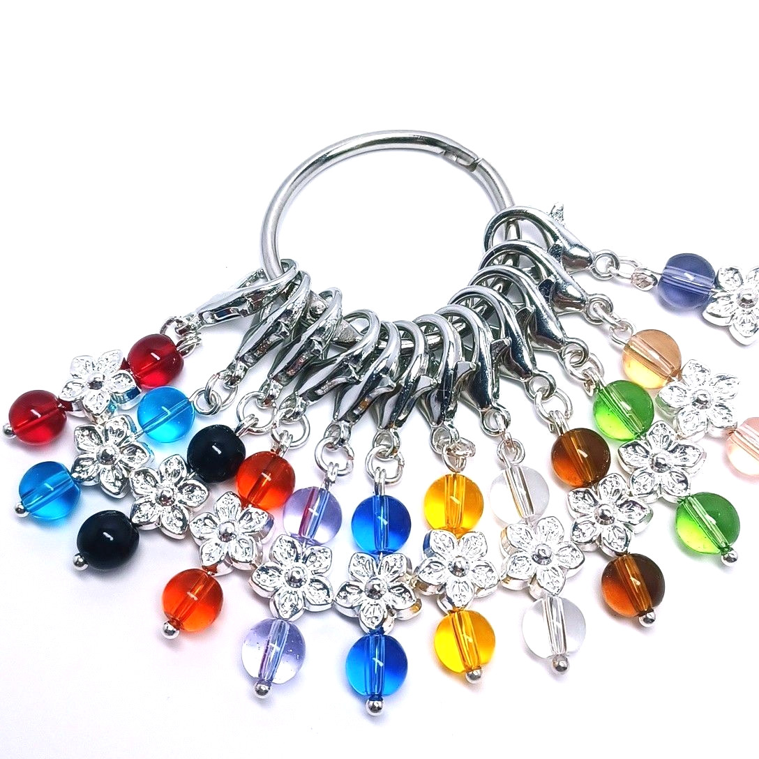 MikieLou Stitch Markers 12 Multicolor Glass Silver Flowers Knitting Lobster
