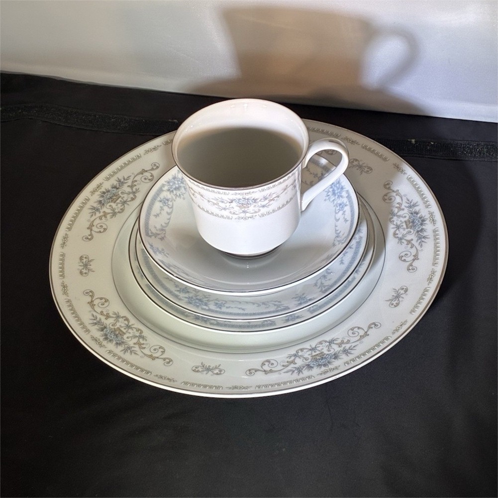 Porcelain Floral Dinner Set White Blue Silver Plate Cup Saucer