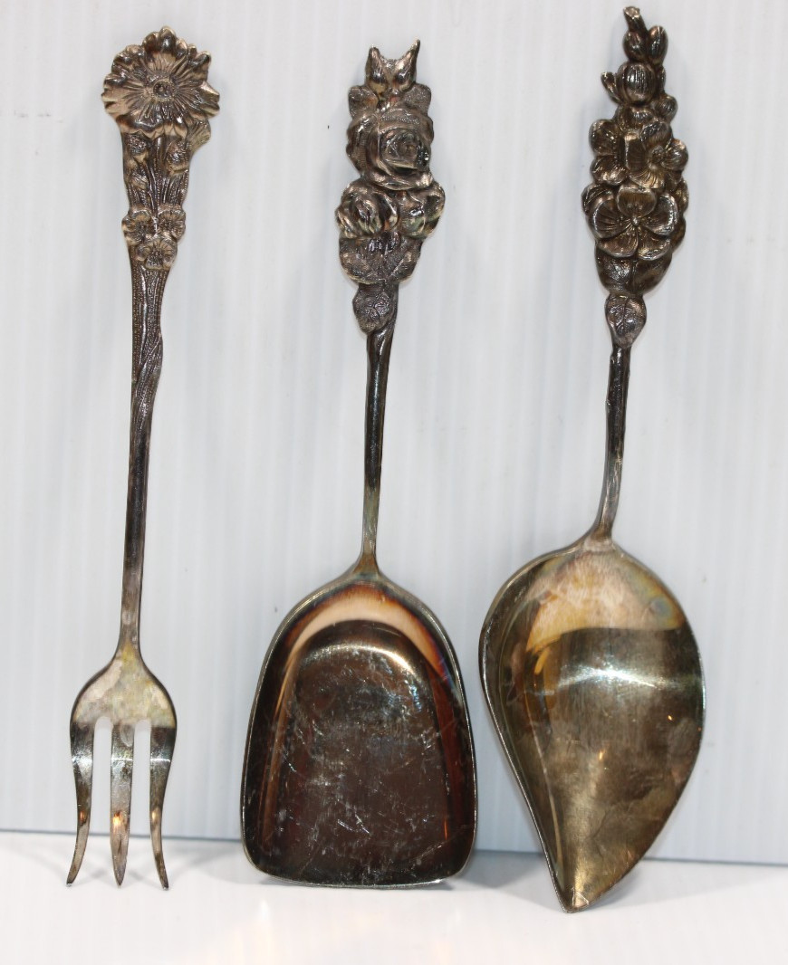 Reed Barton HARLEQUIN Silver Plated Condiment Horderves Hostess 3Pc Serving Set