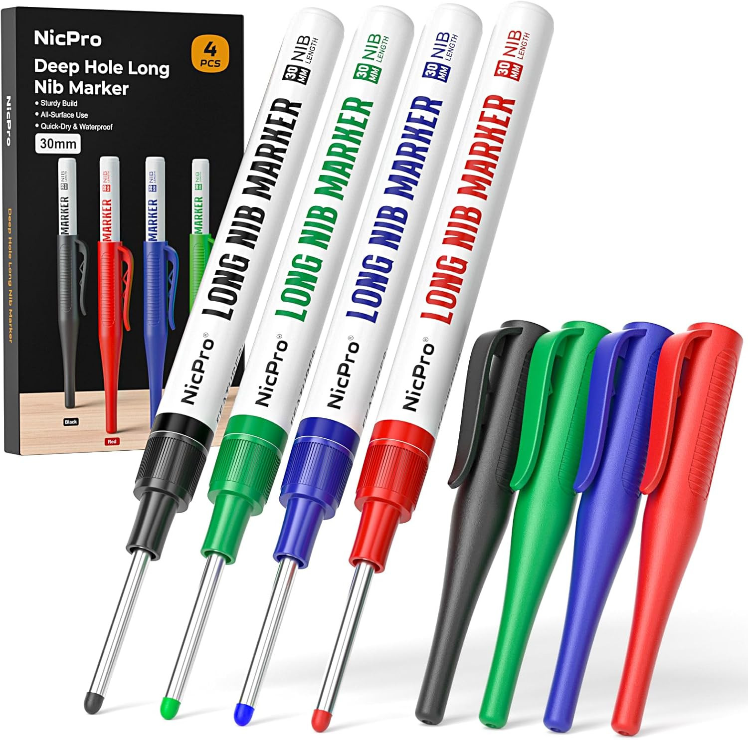 4 PCS Long Nib Marker Pens, 30Mm Deep Hole Marker, Quick Dry & Waterproof Constr