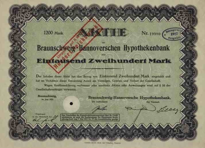 Braunschweig Hannoversche Hypothekenbank 1923 Hannover Hildesheim State Bank Excellent