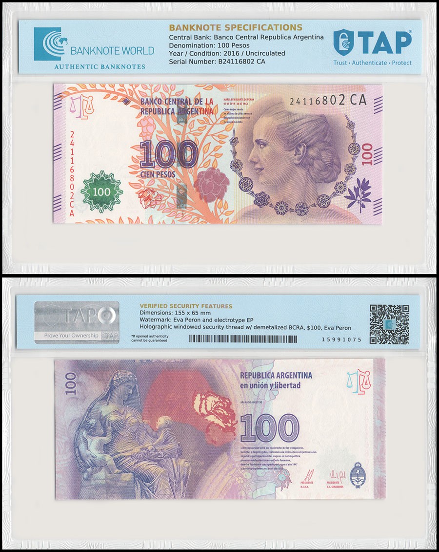 Argentina 100 Pesos, 2016 ND, P-358c, UNC, Authenticated