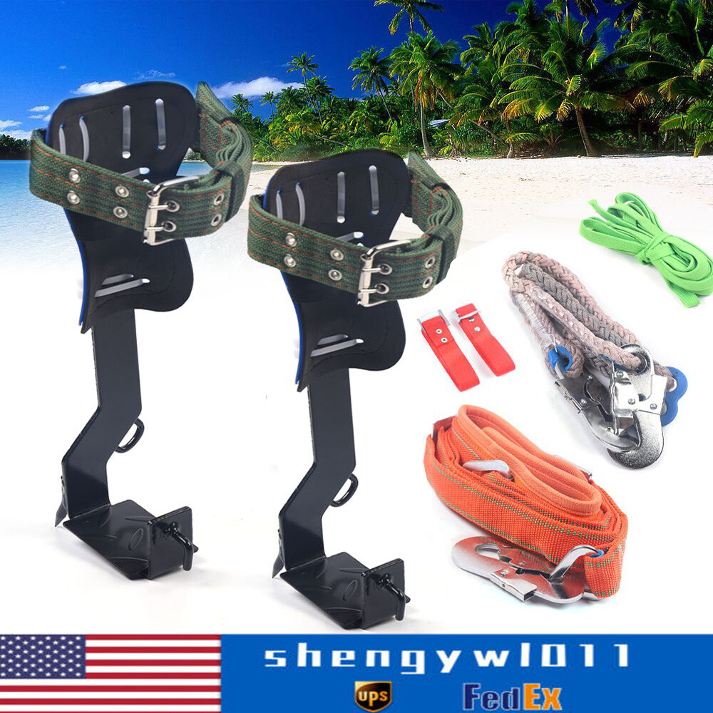 Tree/Pole Climbing Spike Set Safety Belt Rope Lanyard w/Carabiner 2 Gears + Claw