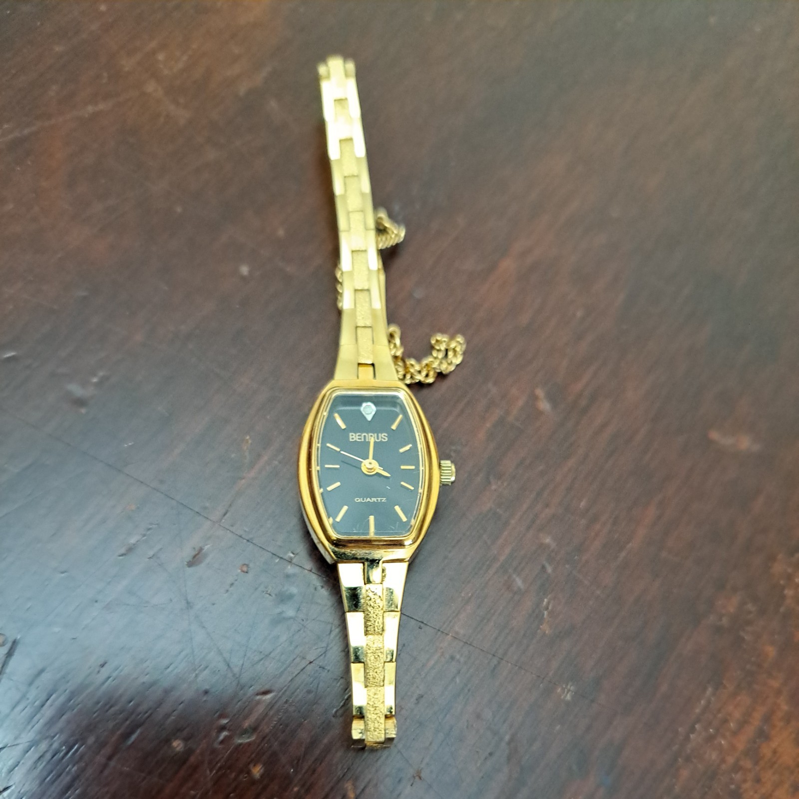 Ladies Gold Tone Diamond Quartz Benrus Wrist Watch delicated safety chain