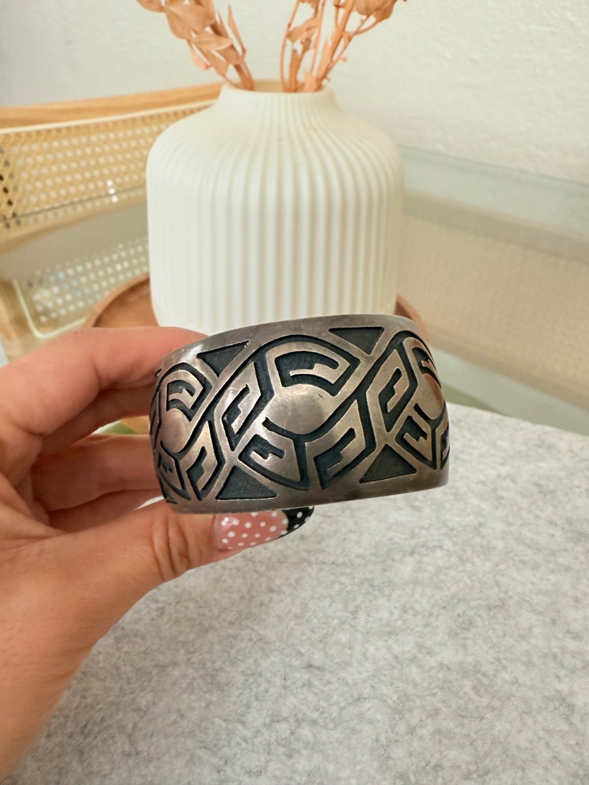 Native American Tribal Pattern Wide 925 Sterling Silver Cuff Bracelet