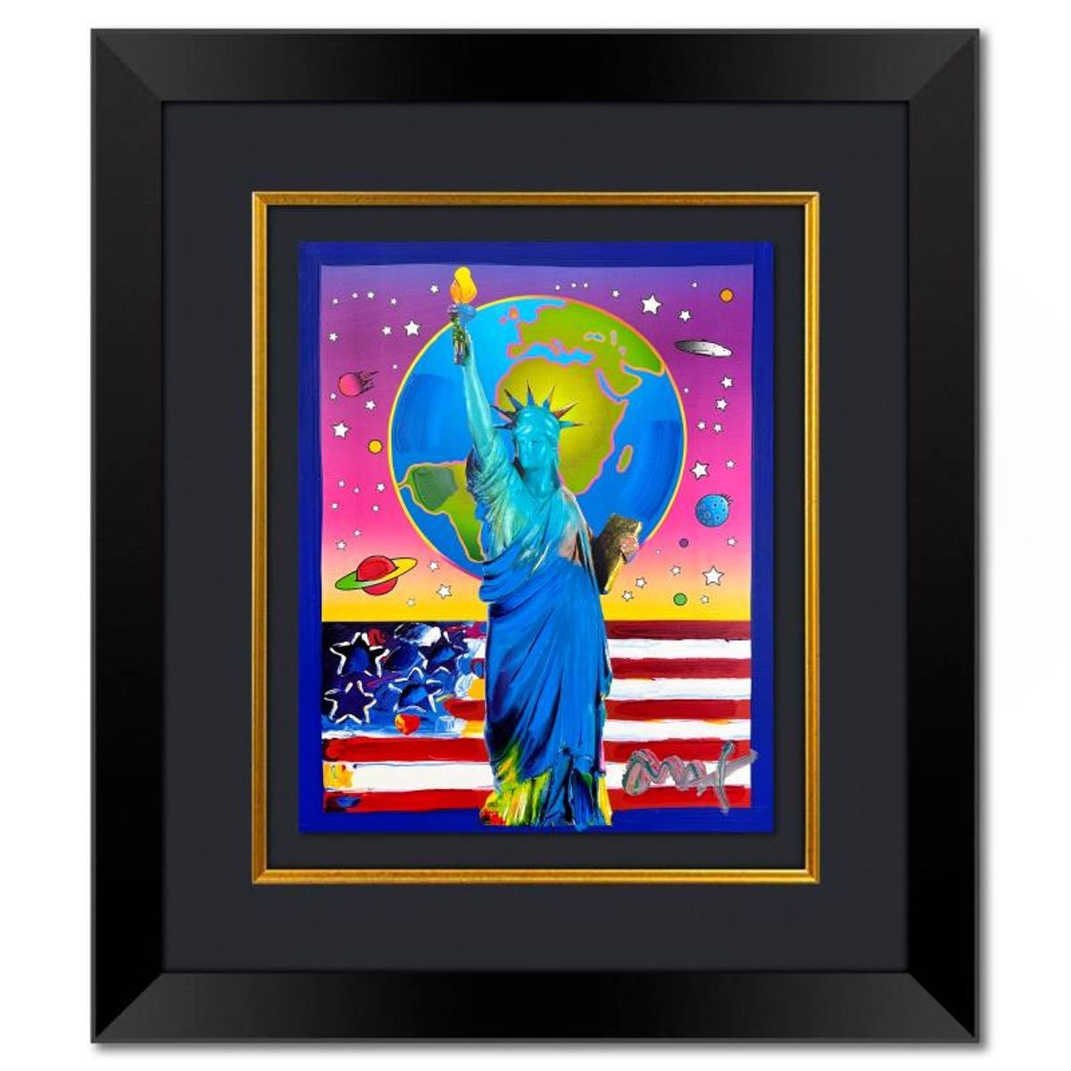 Peter Max, "Liberty, Earth and Flag" Framed One-of-a-Kind Mixed Media, Hand Sign