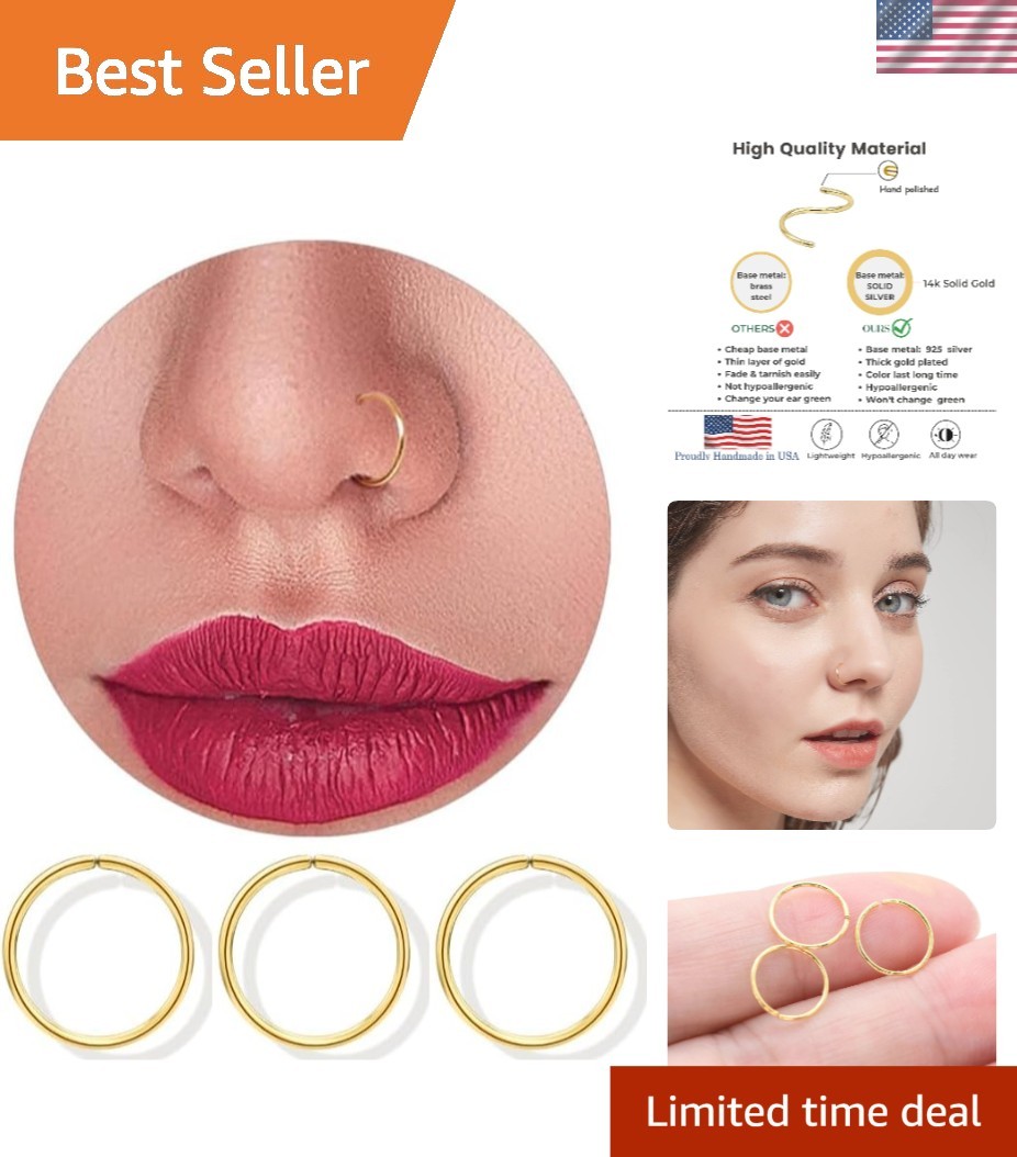 Elegant 14K Gold Nose Hoop Rings - 3pcs Set, 22G, 8mm, Hypoallergenic Jewelry