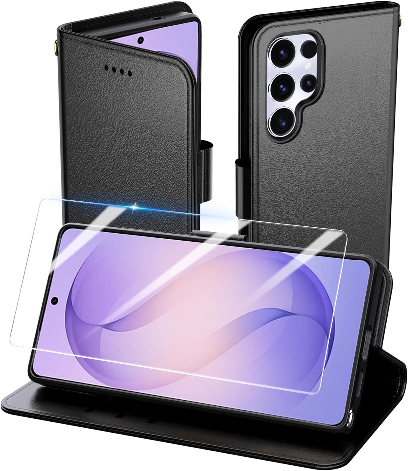 Samsung Galaxy S26 Ultra Wallet Case with Screen Protector Tempered Glass - Blac