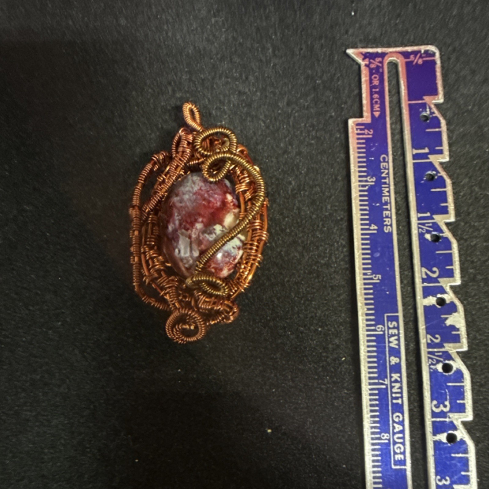 Handcrafted Wire Wrapped Copper Agate Pendant Red White Oval Stone Bohemian