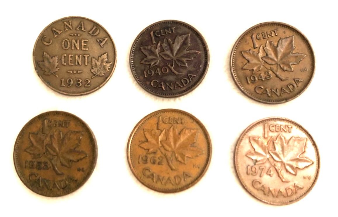 Lot of 6 Vintage Canadian 1 Cent Coins 1932-1974 George V & VI Elizabeth II
